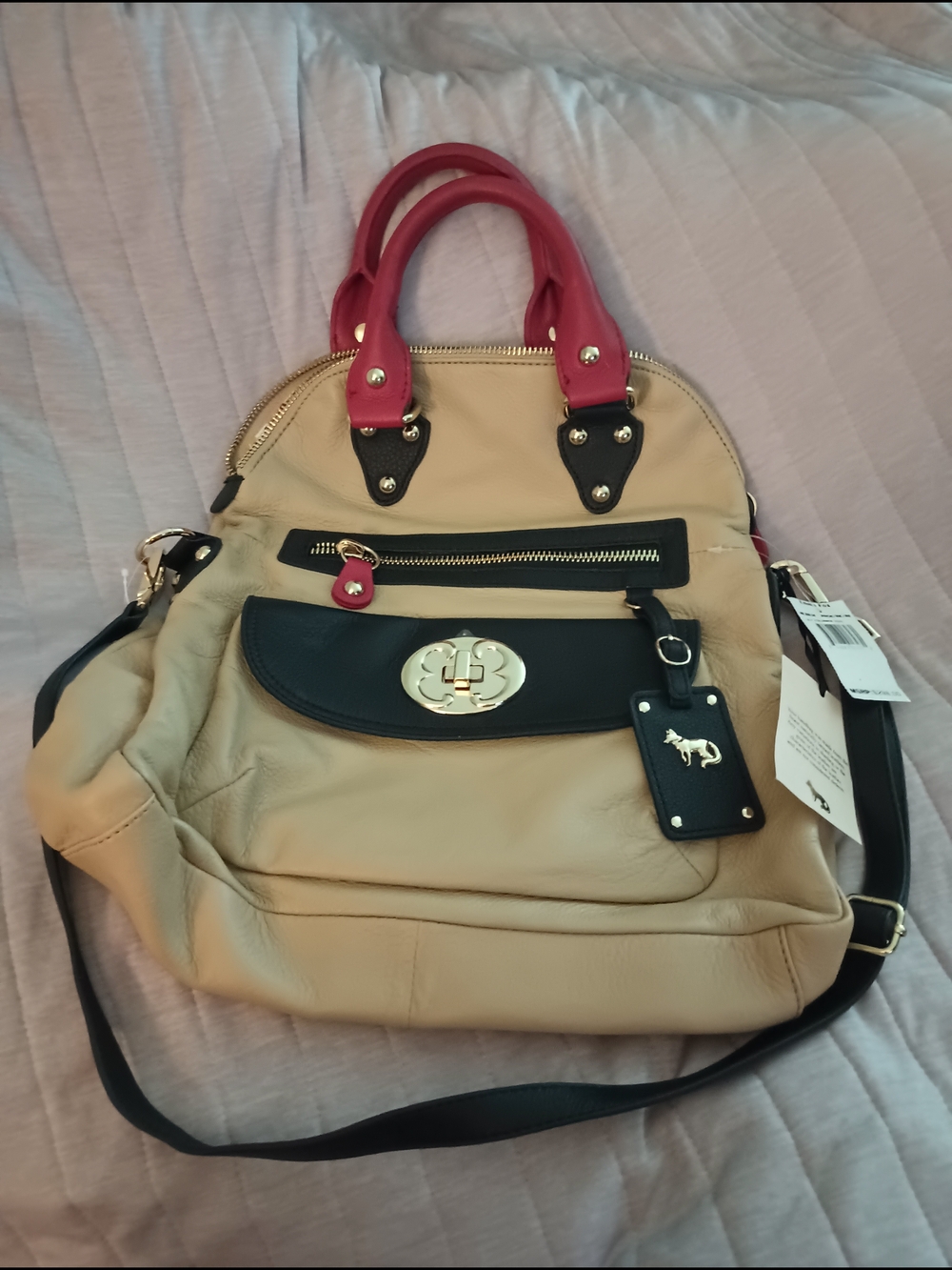 Women's Beige & Black Satchel with Pink Handles - Designer Style